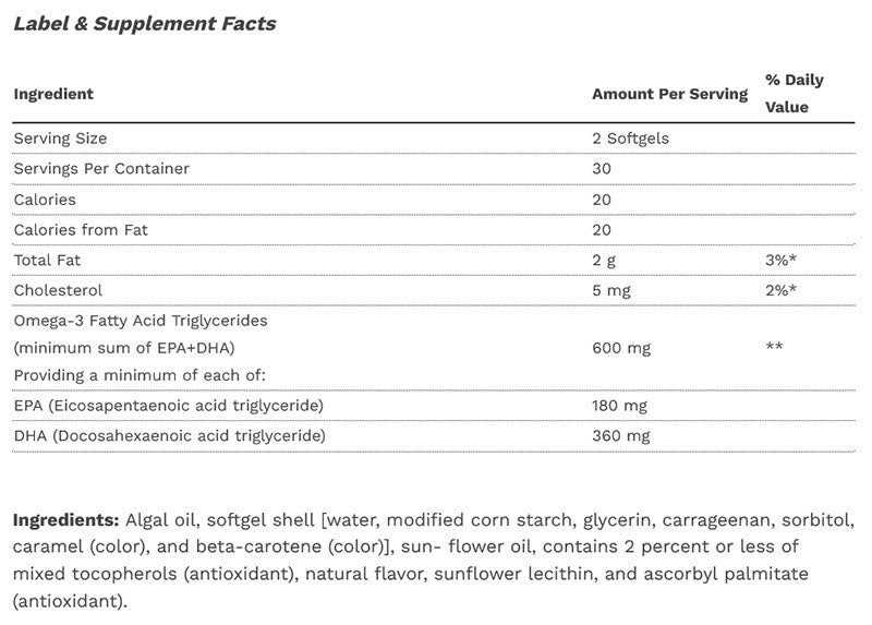 Metagenics OmegaGenics EPA-DHA 300 Algae Supplement Facts