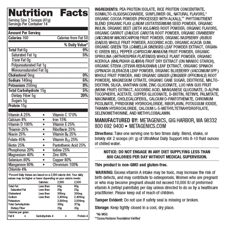 Metagenics Ultra Meal Daily Support (Chocolate) Supplement Facts