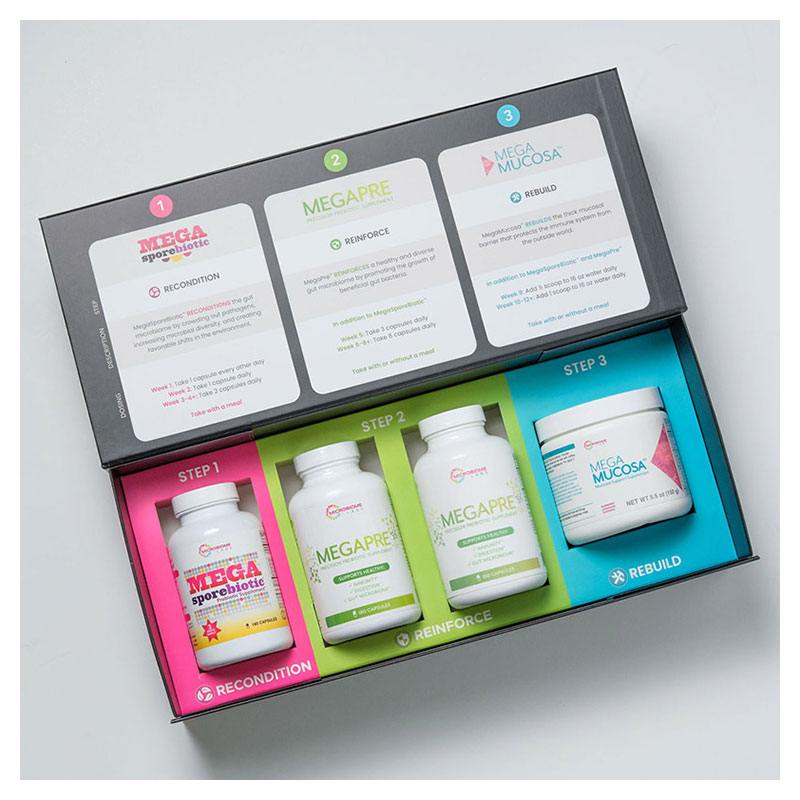 Microbiome Labs Total Gut Restoration MegaPre Capsules package with 3 capsule bottles and 1 powder container