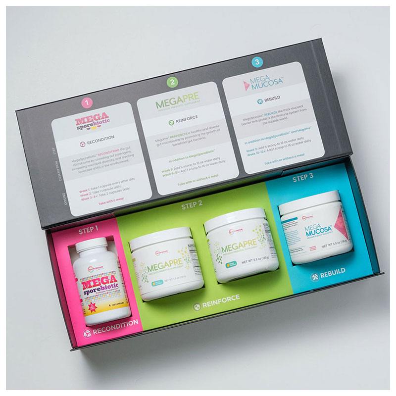Microbiome Labs Total Gut Restoration MegaPre package with 1 capsule bottle and 3 powder containers