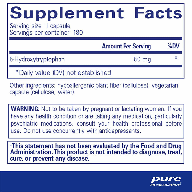 The supplement facts for 5-HTP (5-hydroxytryptophan) 50 mg by Pure Encapsulations