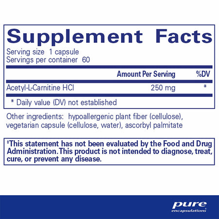 The supplement facts for Acetyl-l-Carnitine 250 mg by Pure Encapsulations