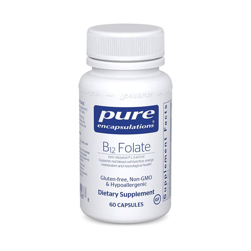 The front of bottle B12 Folate by Pure Encapsulations