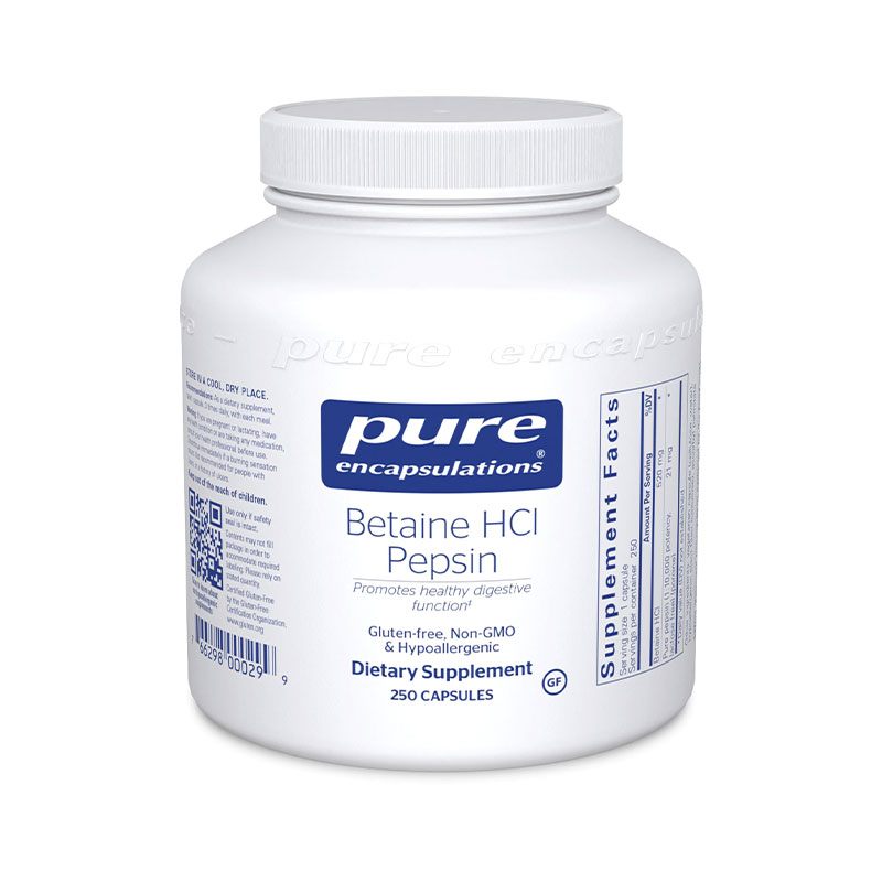The front of bottle Betaine HCl Pepsin by Pure Encapsulations
