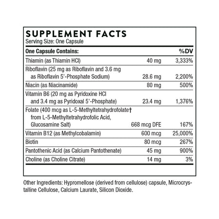 The supplement facts for B-Complex #12 by Thorne