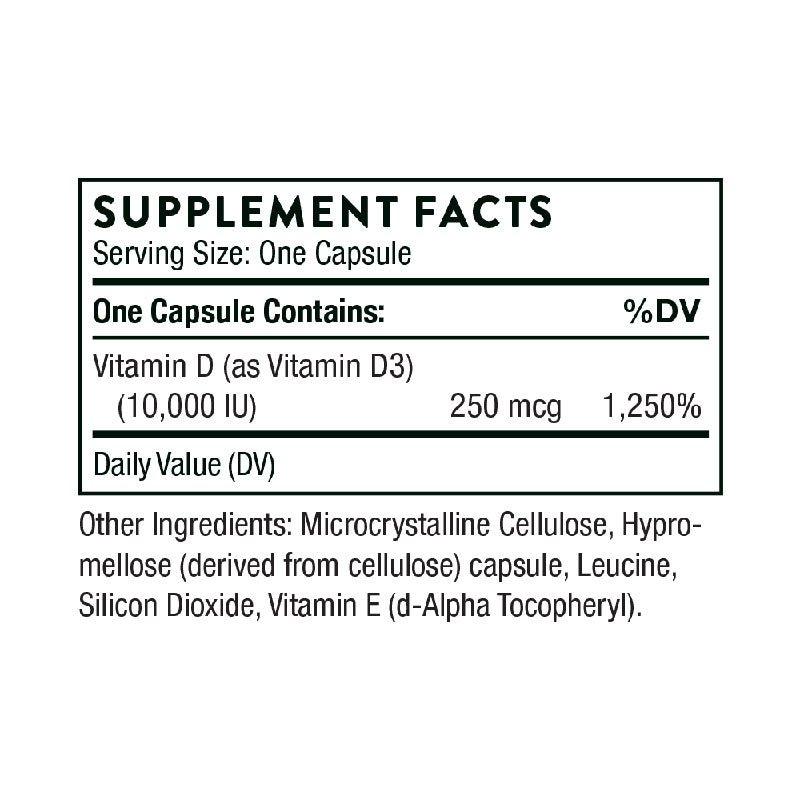 The supplement facts for Vitamin D 10,000 by Thorne