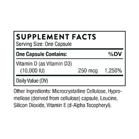 The supplement facts for Vitamin D 10,000 by Thorne