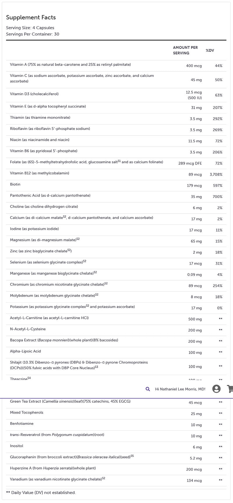 Xymogen ActivNutrients Performance Supplement Facts