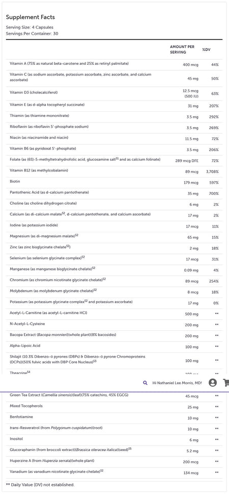 Xymogen ActivNutrients Performance Supplement Facts